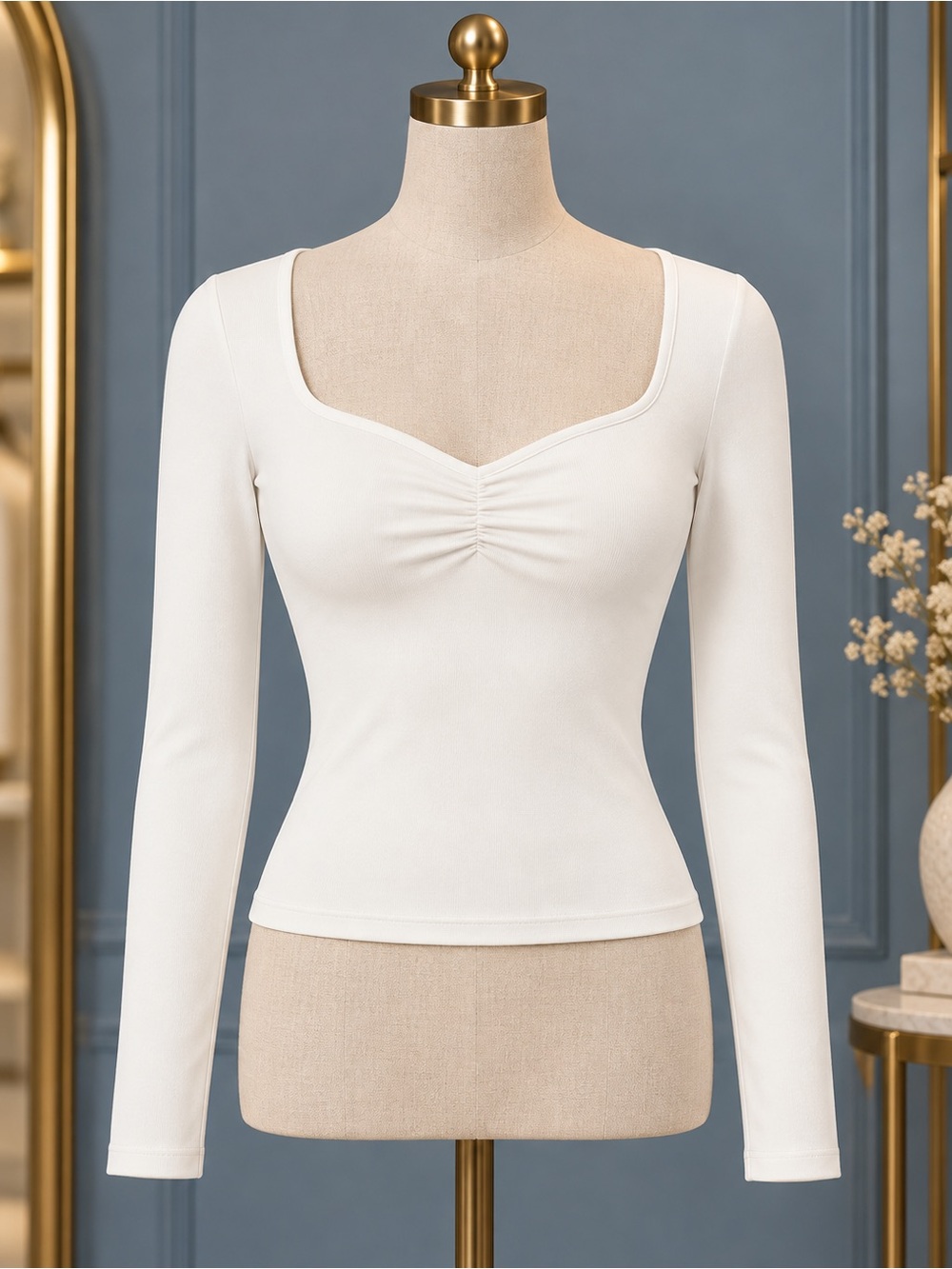 Women's Long Sleeve Square Neck Ruched Front Top - White NWT